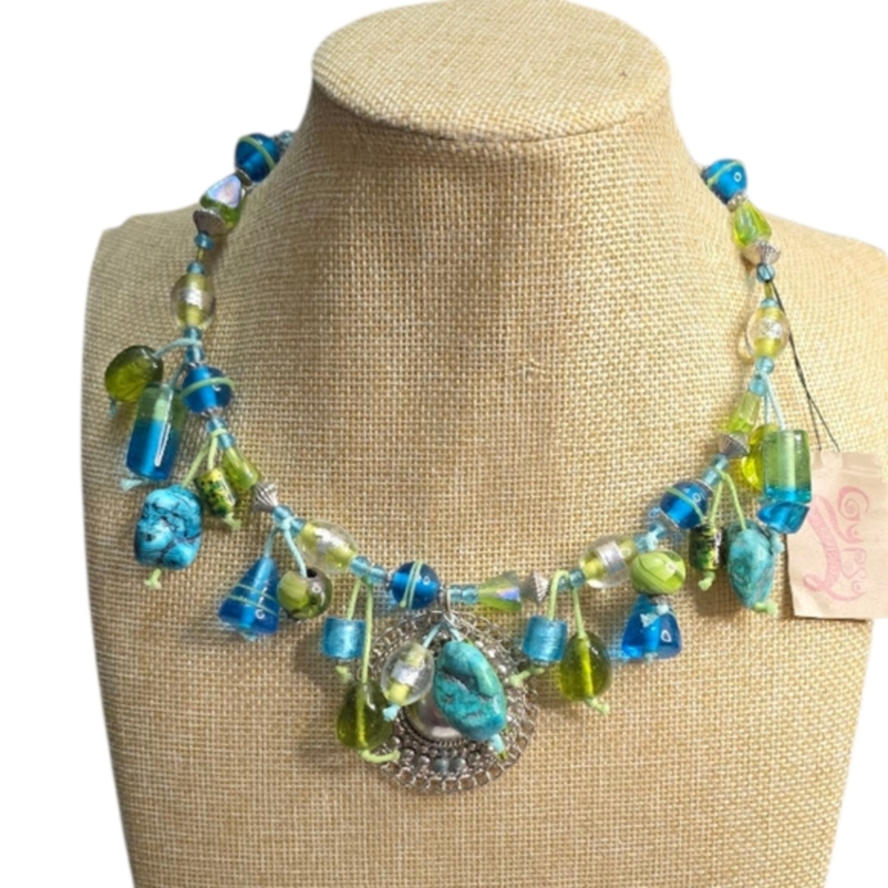 Treska Gypsy Turquoise Lampwork Glass Beaded Medallion Statement Necklace NEW
